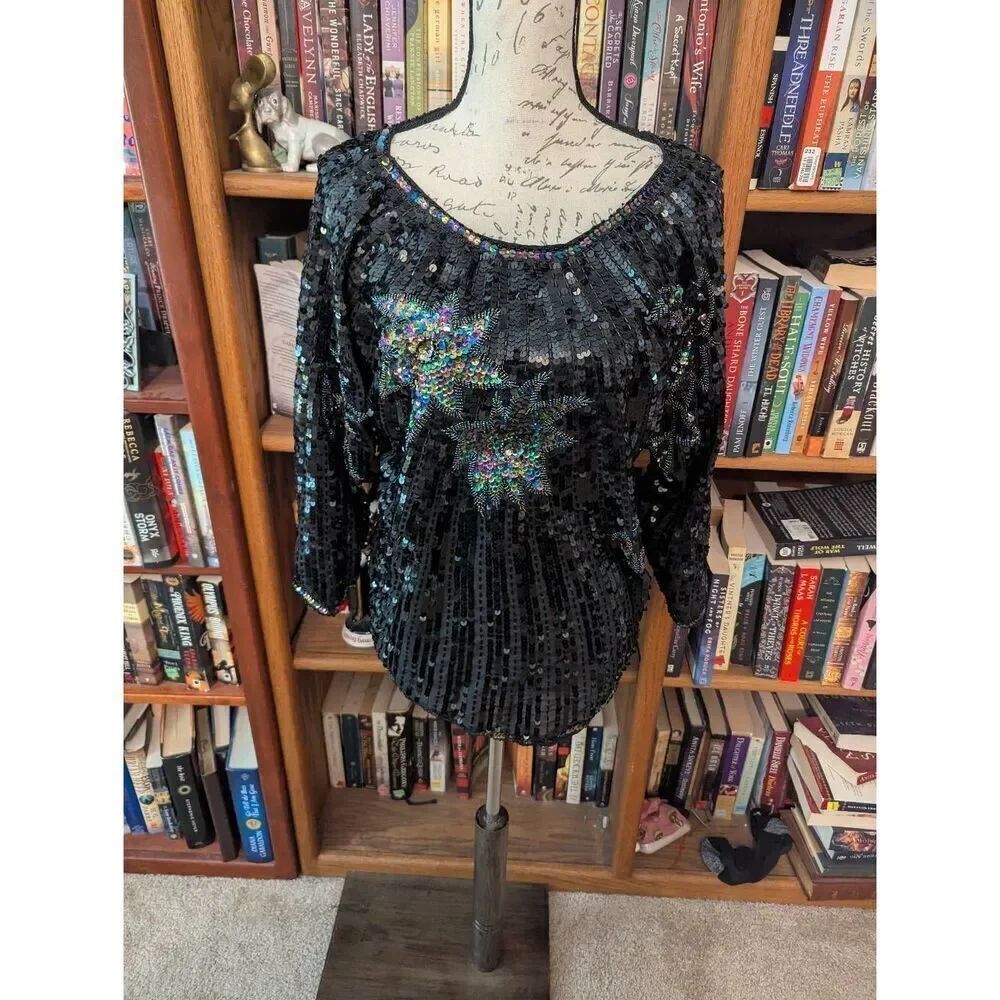 Vintage Women's Size Large 42 Black Embroidered Sequin Long Sleeve Blouse Top